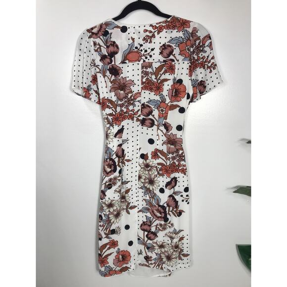 Anthropologie Maeve Aubrey White Black Pink Floral Wrap Short Dress 2 Vacation - Picture 6 of 10